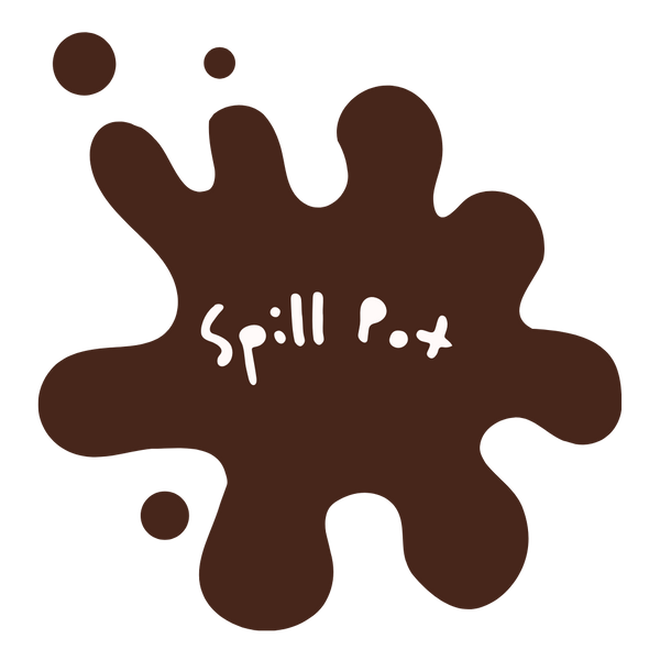 Brown splatter design with 'Spill Pot' text on a white background